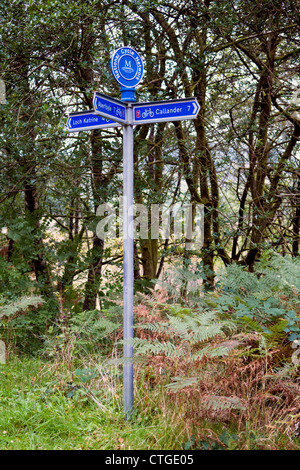National Cycle Network Wegweiser am Achray Waldgebiet in der Nähe von Aberfoyle, The Trossachs Schottland Stockfoto