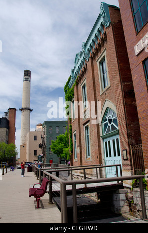 Rochester, New York. High Falls Bereich, historische Gebäude, ca. 1873 Rochester Wasserwerk. Stockfoto