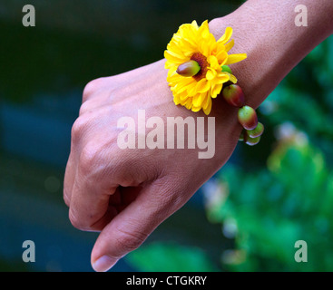 Zarte Frauenhand mit Armband gemacht von Margarita Blumensamen und Margarita Blüte. Riviera Maya, Mexiko. Stockfoto