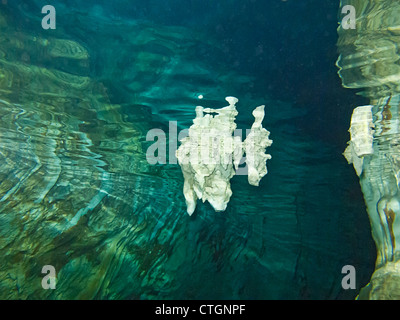 Eine der vielen surrealen Felsformationen in Dos Ojos, eine der vielen Cenoten wo Menschen kann Tauchen in Akumal, Yucatan, Mexiko Stockfoto