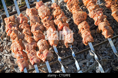 Shish Kebab. Scheiben von Fleisch mit Sauce Kochen auf heißen Kohlen Stockfoto