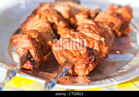 Shish Kebab. Scheiben von Fleisch mit Soße vorbereiten auf Feuer Stockfoto