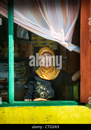 Eine muslimische Frau, arbeiten in einem Stall, der Kleinteile für den täglichen Gebrauch verkauft hebt die Schatten um anzugeben, dass sie geöffnet ist. Stockfoto