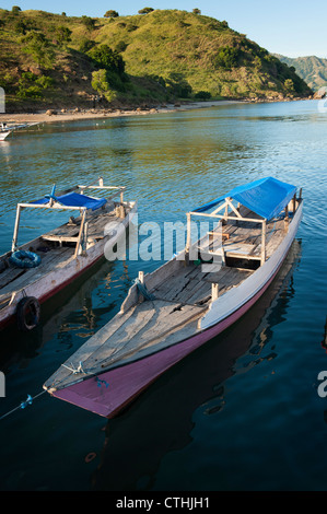 Traditionelle Fischerboote binden an das Dock an das Dorf Komodo auf der Insel Komodo, im indonesischen Archipel. Stockfoto