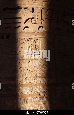 Detail der Inschriften auf eine Spalte in die große Säulenhalle, Karnak Tempelkomplex, Luxor, Ägypten Stockfoto