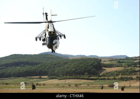 Rumänischer IAR 330 Hubschrauber fliegt über rumänischen Luftwaffe Spezialeinheiten Mitglieder während einer Kampfsuche und Rettungstraining Übung mit dem 81. Jagdgeschwader in einem Feld hier Juli 19 während Dacian Thunder. Dacian Thunder ist eine einmonatige Übung, bei der die US-Luftwaffe, die rumänische Luftwaffe, das US-Marine Corps und die Royal Air Force Techniken, Taktiken, Verfahren und Fähigkeiten austauschen, um die Koalitions- und gemeinsamen Fähigkeiten zu stärken. Stockfoto