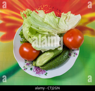 Bunte frische Gruppe von Gemüse für eine ausgewogene Ernährung auf farbigen Hintergrund. Stockfoto
