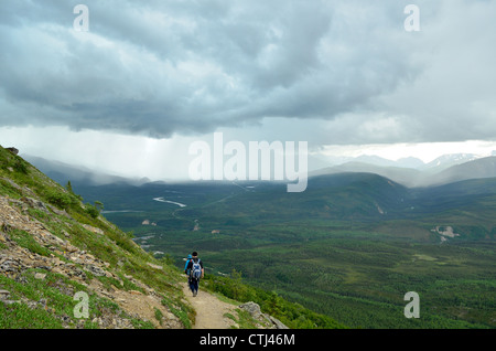 Wanderer zu Fuß auf Mt. Healy Spur unter stürmischen Wolken. Denali Nationalpark und Reservat Wildheit. Alaska, USA. Stockfoto