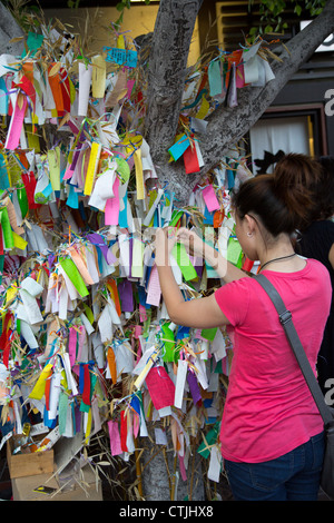 Eine Frau verleiht ihren Wunsch einen Wunsch Baum im Stadtteil Little Tokyo in Los Angeles Stockfoto