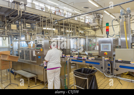 Arbeiter, die Maschine in einer Molkerei in Betrieb.  Joghurt-Produkt am Ende der Produktionslinie, MS Dairies, Selfoss Island Stockfoto