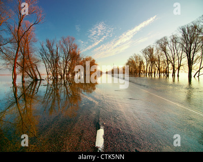 Überfluteten Straße. Hight Wasser am Fluss Oka in Russland Stockfoto