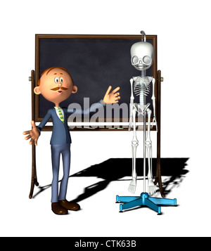 Cartoon-Figur-Lehrer mit Board mit Skelett Stockfoto