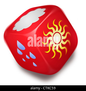 Roten Würfeln mit verschiedenen Wettersymbolen auf jeder Seite gedruckt. Regen Sie Sonne, Tropfen und Cloud.  Weißer Hintergrund, Ausschnitt Stockfoto