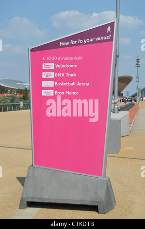 London 2012 Olympischen Parkschild Velodrom, BMX-Bahn, Basketball-Arena und Eton Manor Stockfoto