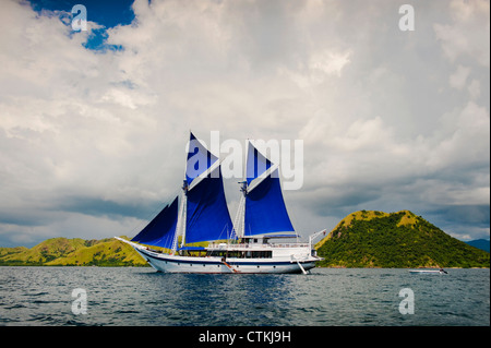 Ein 108 Fuß traditionellen hölzernen Phinisi Schoner, "Ombak Putih", hier Segeln im Komodo National Park im Osten Indonesiens. Stockfoto