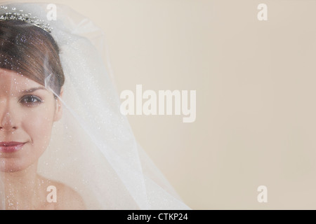 Eine junge Braut trägt ein Diadem und Schleier, linken Seite des Gesichts Stockfoto