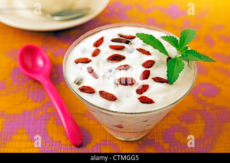 Goji-Beeren mit Joghurt und Stevia. Rezept zur Verfügung. Stockfoto