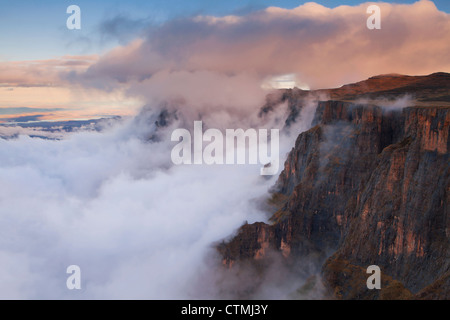 Nebel wirbeln gegen hoch aufragenden Klippen des Amphitheaters, Drakensberg, Südafrika Stockfoto