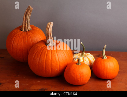 Herbst-Kürbis und dekorative Squash mit Herbstlaub auf einem Holztisch. Stockfoto