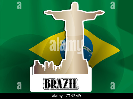 Brasilien, brasilianische Flagge, Silhouette der Stadt und Christus der Erlöser Statue, Vektor-illustration Stockfoto