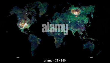 Weltkarte in schwarz mit einer Galaxie füllen die Karte der Erde, Wissenschaft und Raumfahrt Exploration-Konzept Stockfoto
