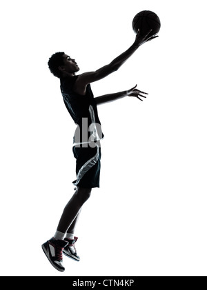 ein junger Mann-Basketball-Spieler-Silhouette im Studio isoliert auf weißem Hintergrund Stockfoto