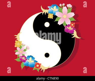 ein Beispiel für eine chinesische Yin-Yang-Symbol in schwarz und weiß mit stilisierten orientalische Blumendekoration auf rotem Grund Stockfoto