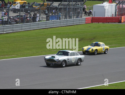 Aston Martin DB4 und 1961 Lotus Elite auf dem RAC Tourist Trophy für historische Fahrzeuge (Pre-63 GT) Silverstone Classic 22. Juli 2012 Stockfoto