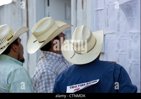 Native Rodeo Konkurrenten Ergebnisse bei der Tsuu T'ina Nation jährlichen Powwow und Rodeo zu überprüfen Stockfoto