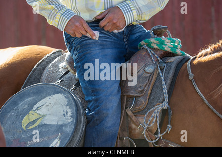 Native Cowboy mit einem Vintage Western Americana lariat Lasso verzinkt Blechetui im Warm-up Arena am Tsuut" Ina jährliche Rodeo & Powwow durchführen Stockfoto