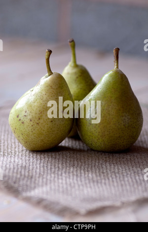 eine Nahaufnahme Bild von drei Guyot Birnen auf einem hessischen Tuch Stockfoto