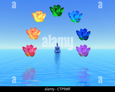 Mann in der Meditation als Chakren, am Meer und im blauen Hintergrund mit bunten Lotus umgeben Stockfoto
