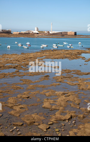 Von Cadiz, Spanien. Malerische Aussicht auf Fischerboote am Strand von Playa De La Caleta. Stockfoto