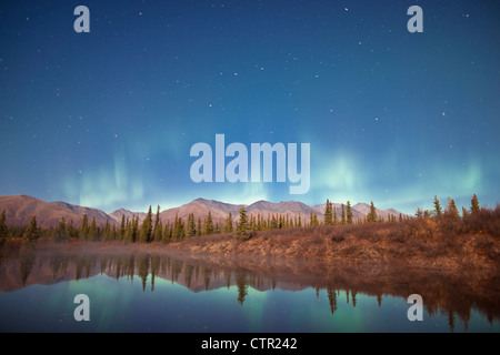 Nordlichter tanzen über Alaska Range spiegelt sich in Biber Teich entlang Parks Highway unter Vollmond breiten Pass Yunan Stockfoto