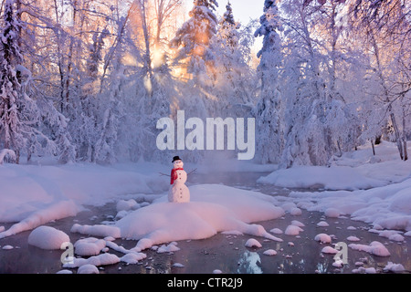 Schneemann stehend auf kleinen Insel im mittleren Stream Sonnenstrahlen durchscheinen Nebel hoar Milchglas Bäume im Hintergrund russische Jack Stockfoto