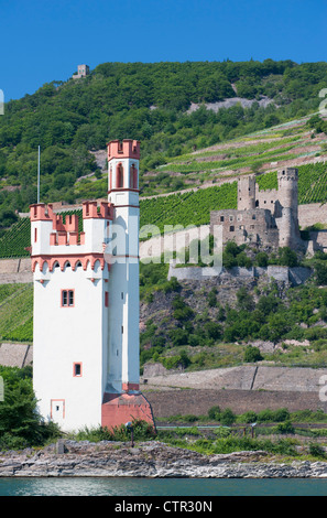 Historische Burg Ehrenfels und Mauseturm oder Mäuseturm bei Bingen am Rhein in Deutschland Stockfoto