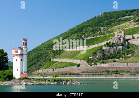 Historische Burg Ehrenfels und Mauseturm oder Mäuseturm bei Bingen am Rhein in Deutschland Stockfoto