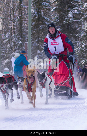 Ken Chezik im 2012 Fell rendezvous Welt Sled Dog Meisterschaftsrennen, Anchorage, Yunan Alaska, Winter Stockfoto