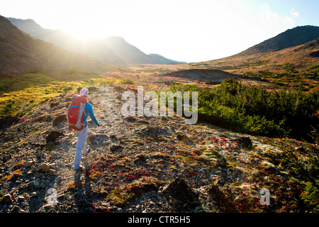 Frau am Trail in Glen Alpen Bereich der Chugach Mountains, Yunan Alaska, Herbst wandern Stockfoto