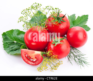 Tomaten, zubereitet mit Kräutern für die Erhaltung auf weißem Hintergrund. Stockfoto