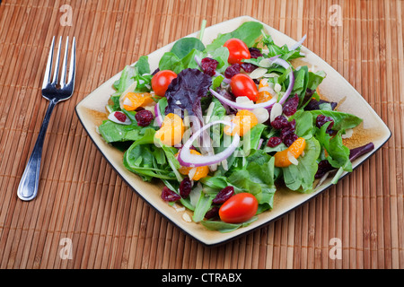 Ein Teller mit California-Salat mit Orangen, getrocknete Cranberries, roten Zwiebeln, gemischter Salat, geschnittene Mandeln und kleine Tomaten. Stockfoto