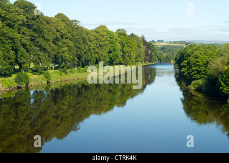 Reflexionen über den Fluss Wye, Builth Wells-Brücke in Richtung der Groe aus. Stockfoto