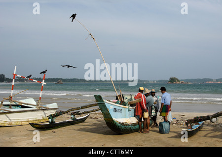 Fischer und Ausleger Angelboote/Fischerboote (Oru oder Meer Kanus) am Strand, Weligama, Sri Lanka Stockfoto