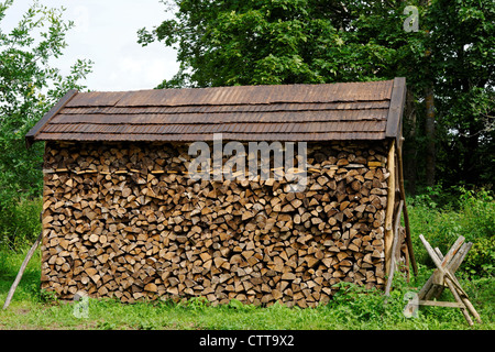 Haufen von Brennholz mit tarierten Holzdach Stockfoto