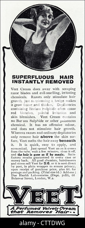 Original 1920er Jahre Vintage Printwerbung in englischen Verbrauchermagazin Werbung VEET Creme HAIR REMOVER Stockfoto