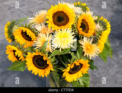 gelbe Chrysanteum und Sonnenblumen-Strauß Stockfoto