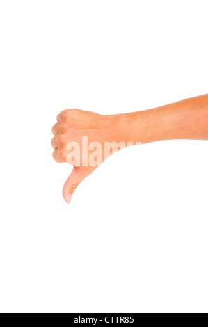 isolierte Daumen runter männliche Hand auf weiß, für besiegt oder nicht gut Handgesten. Schneidepfad Hand Gliederung ist im Jpg. Stockfoto