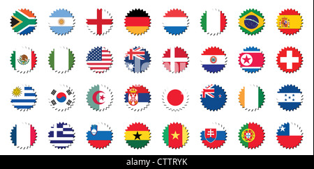 Länder-Abzeichen in 32 Ländern Aufkleber Form. Stockfoto