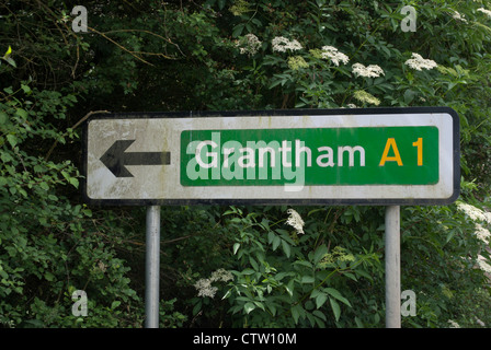 Am Straßenrand Schild ein biegen Sie in die A1 für Grantham mit Büschen hinter Stockfoto