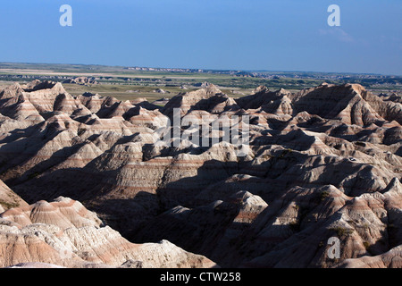 Luftaufnahme von Badland Felsformationen, Badlands Nationalpark, South Dakota, Vereinigte Staaten von Amerika Stockfoto